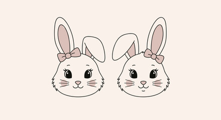 Fototapeta premium Two adorable cartoon bunny rabbit heads with pink bows and friendly smiling faces perfect for easter or nursery decorations.