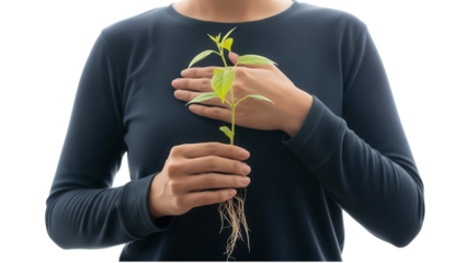 A person holding a small plant with green leaves and roots on transparent background