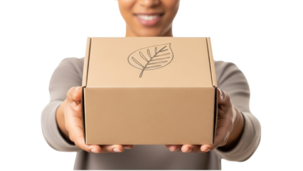A smiling woman holding out a cardboard box with a leaf logo on transparent background