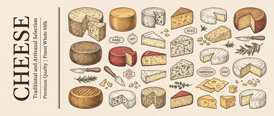 Engraved collection showcasing a variety of premium cheeses in an artistic style highlighting their unique shapes and textures