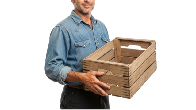 A smiling man in a denim shirt holding an empty wooden crate on transparent background - Powered by Adobe