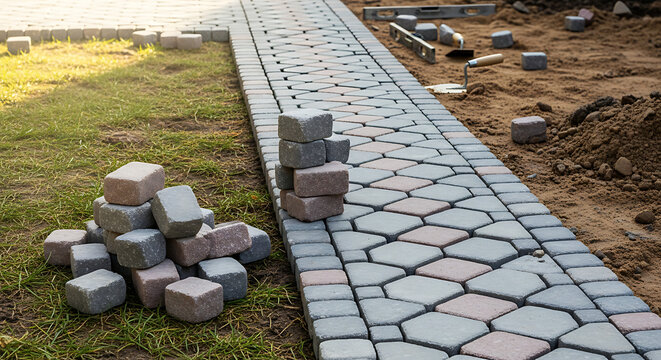 Construction of a brick pathway in a garden yard with landscaped surroundings and outdoor setting