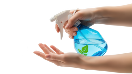 A person applying eco-friendly hand sanitizer on transparent background