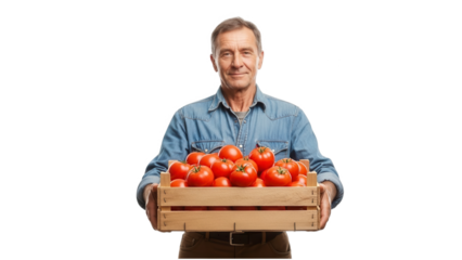 A smiling older man holding a wooden crate of fresh tomatoes on transparent background