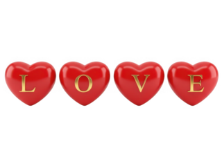 Four hearts spell love isolated on transparent background