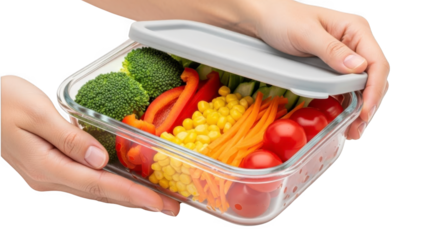 A person holding a glass container filled with fresh vegetables on transparent background