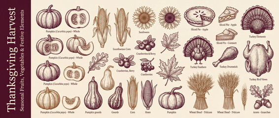 Celebrate the bounty of Thanksgiving with a beautifully engraved collection of seasonal fruits and vegetables