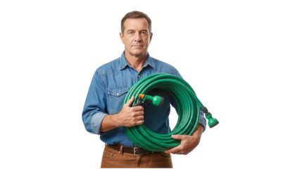 A middle-aged man holding a green garden hose on transparent background