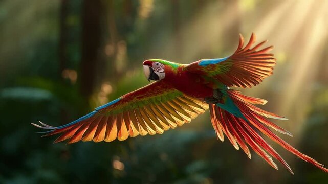 Colorful macaw parrot flying through tropical forest sunlight