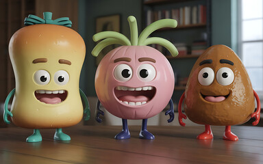Three cheerful animated food characters smile brightly on a wooden table