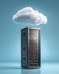 Black server rack with white cloud floating above for cloud computing data concept.

