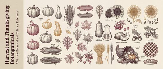 Engraved collection of vintage botanicals showcasing the beauty of harvest and Thanksgiving festivities