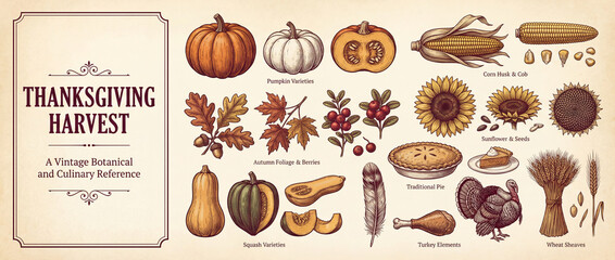 Celebrate the season with a detailed collection of engraved pumpkin varieties and autumn harvest elements for Thanksgiving