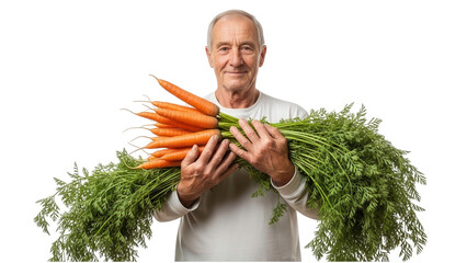 A smiling senior man holding a large bunch of fresh carrots on transparent background