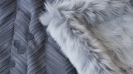 Elegant Grey and Black Cape Featuring a Large Pink and Silver Feather Motif with Ornate Scrollwork and Faux Fur Collar