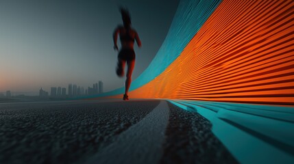Silhouette of runner sprinting past colorful orange and blue digital glitch wall for speed.

