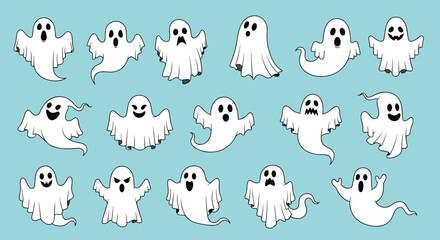 Fototapeta premium Fun collection of fifteen different ghost characters shows spirits in various spooky poses and expressions against a light blue background.