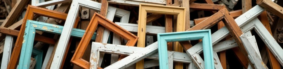 Pile of discarded window frames, plastic & wood mix , debris, abandoned, home