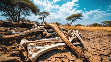 A pile of sun baked bleached animal bones scattered on dry cracked earth in an arid savanna landscape under a blue cloudy sky