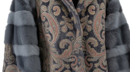 Luxury Grey Outerwear Featuring Ornate Peach and Charcoal Paisley Patterns with Horizontal Striped Faux Fur Sleeves