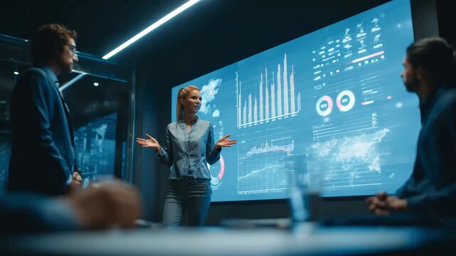 Businesswoman presenting data analytics dashboard to team in modern conference room