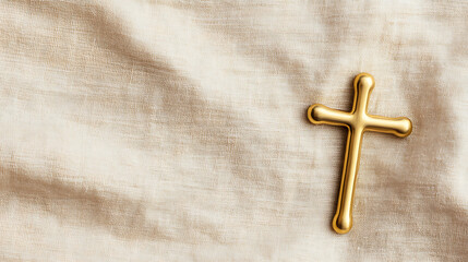 Golden cross on a textured, neutral-colored background conveying faith and spirituality. The simplicity and color evoke feelings of peace and reflection. Close-up shot.