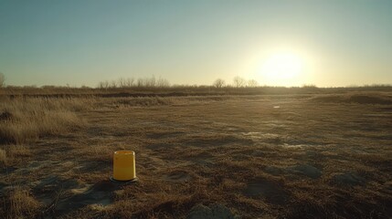 A solitary yellow hazard marker stands in an open, dry field under a bright, clear sky at sunrise or sunset