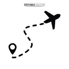 A simple black vector illustration of an airplane flying along a dotted path to a map pin