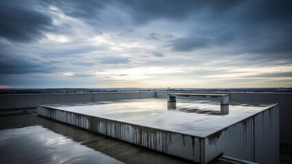 Obraz premium A rooftop view of a city under a cloudy sky with a wet roof in the foreground.