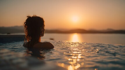Fototapeta premium Woman Enjoying Serene Sunset Swim in Infinity Pool Overlooking Ocean.