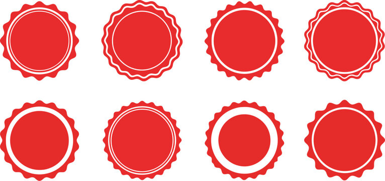 Collection of eight blank red circular scalloped edge seal badges and stamps with various white border designs for marketing labels