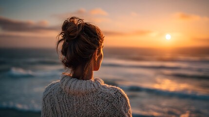 Fototapeta premium Woman Gazing at a Serene Ocean Sunset.