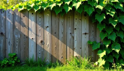 Rustic wooden fence, climbing vines, green leaves, flora, leaves, detail