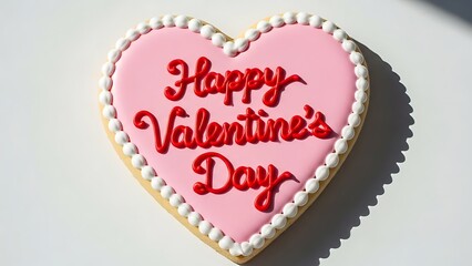 Heart shaped sugar cookie decorated with pink icing and red valentine message
