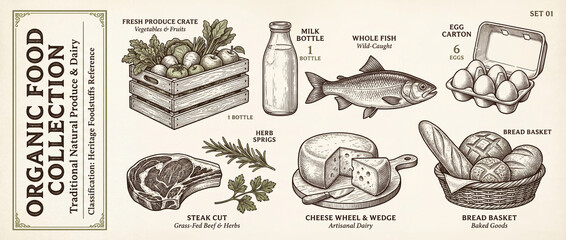 Premium engraved collection showcasing organic food items for a rustic market scene