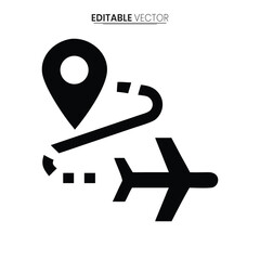 A minimalistic black vector illustration depicting an airplane taking off from a location pin