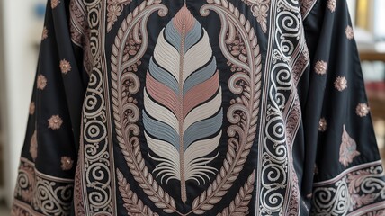 Detailed View of a Black Silk Garment Featuring a Stylized Multicolor Feather Motif Surrounded by Ornate Paisley and Floral Scrollwork