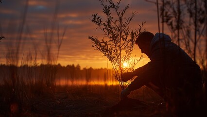  Human Planting Trees at New Year Sunrise, Symbol of Hope, Sustainability and a Fresh Global Beginning