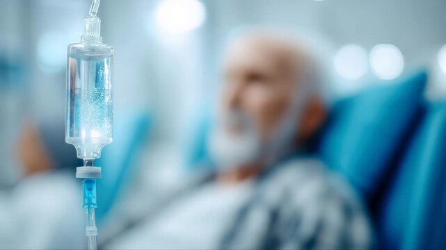 Elderly man receiving intravenous therapy in a hospital setting, with focus on IV drip, camera gradually zooms in to capture emotional depth and care