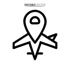 A simple black and white line art illustration of an airplane with a location marker