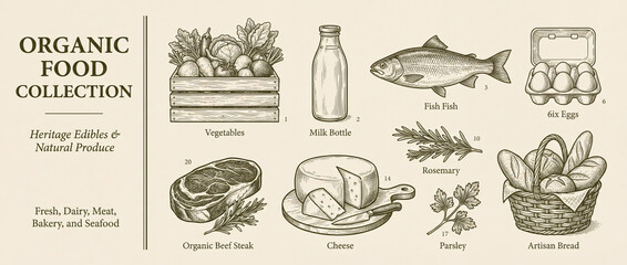 Engraved collection of organic food showcasing fresh ingredients with a timeless appeal