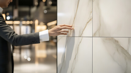 Obraz premium Examining the veined surface of a wall panel, the man in a suit explores the material's texture. Neutral tones and sleek lines define this sophisticated space.