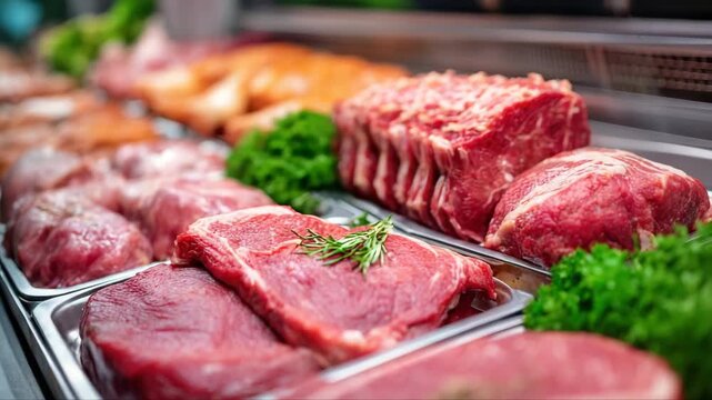 Fresh cuts of meat displayed in a butcher shop showcase, camera pans across various selections highlighting textures and colors, inviting culinary inspiration