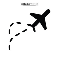 A simple black silhouette of an airplane leaving a dotted trail against a white background