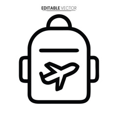 A black and white line art illustration of a travel backpack with an airplane design