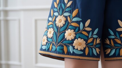 Detailed View of a Navy Blue Sleeve Featuring Vibrant Teal and Cream Daisy Floral Embroidery with Gold Leaf Accents