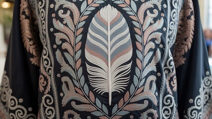 Detailed View of a Black Silk Garment Featuring a Large Multicolor Feather Motif Framed by Elegant Silver and Copper Scrollwork