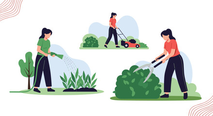 Set of three illustrations showing a woman doing various gardening tasks like watering plants mowing and trimming hedges.