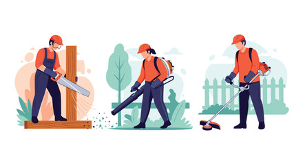 Set of professional gardeners performing various landscaping tasks including sawing wood using a leaf blower and trimming grass.