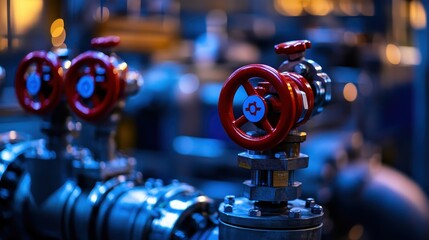 Close up of a red industrial control valve with a blue emblem on a complex pipe system